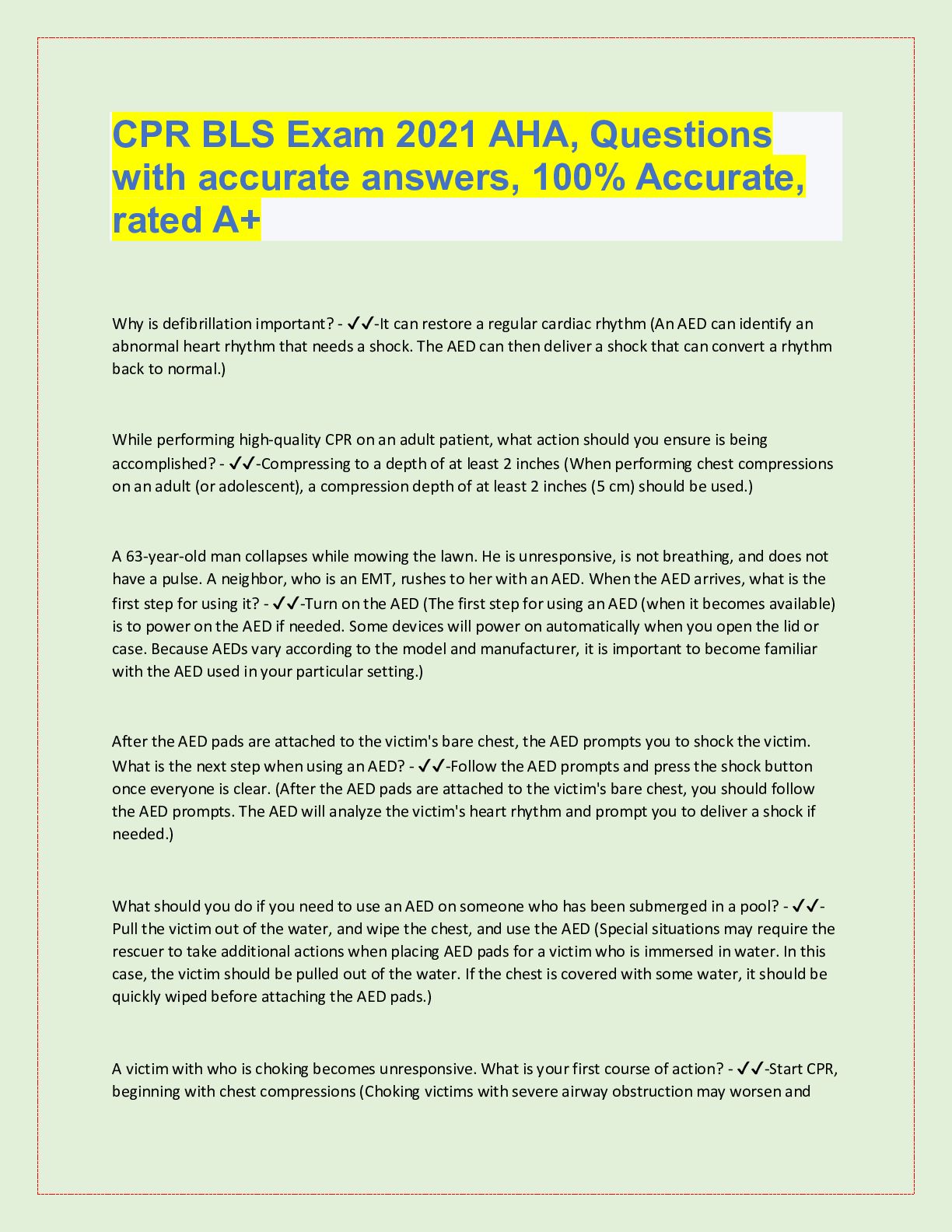 Preview image for CPR BLS Exam 2021 AHA Questions And Answers( Complete Solution)Score A+